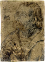 Matthias Gruenewald Zeichnungen Brustbild eines aufwaerts blickenden Mannes mit Federkiel