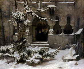Dziedziniec klasztorny w śniegu