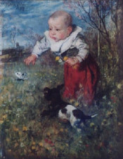 Dziecko z psem na kwitnącej łące