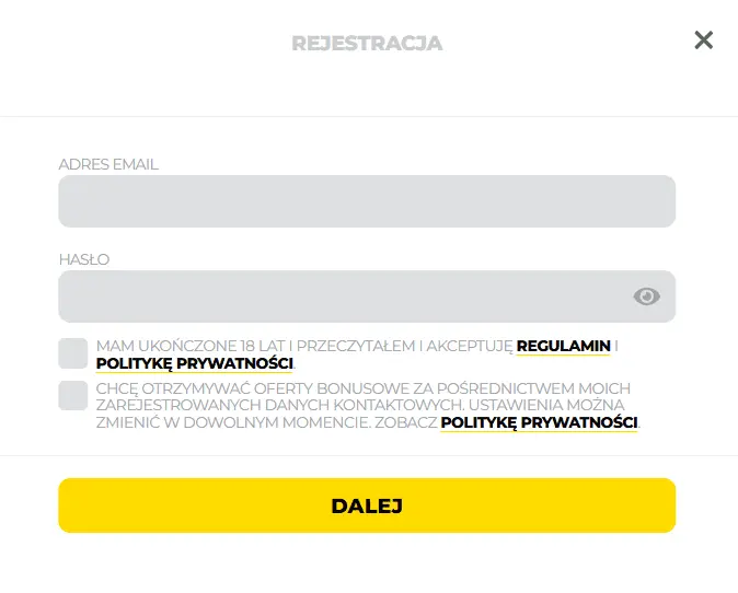 Formularz rejestracyjny Energy Casino z polami e-mail i hasło
